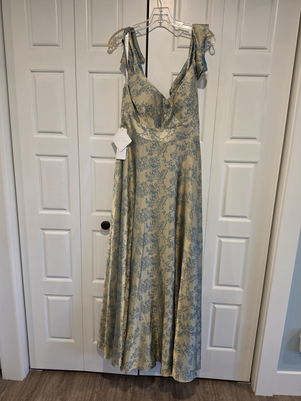 Azazie Sage Green Floral Maxi Dress with Blue Print